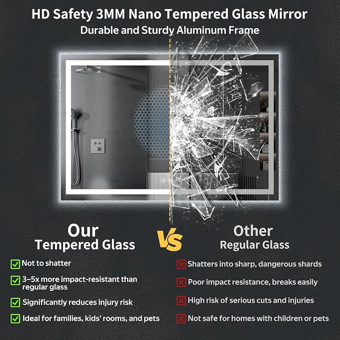60"x40" LED Bathroom Mirror with Lights, Backlit+Frontlit, Anti-Fog | CRI 95, Stepless Dimmable, 3 Colors Lighting, Shatterproof Tempered Glass, HD Reflection, Memory, (Horizontal/Vertical)