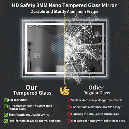 60"x40" LED Bathroom Mirror with Lights, Backlit+Frontlit, Anti-Fog | CRI 95, Stepless Dimmable, 3 Colors Lighting, Shatterproof Tempered Glass, HD Reflection, Memory, (Horizontal/Vertical)