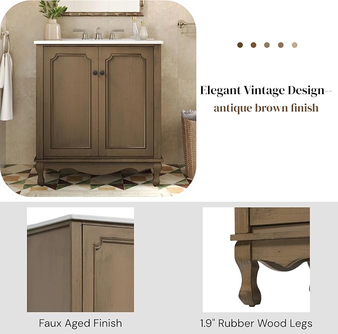 Merax 30" Vintage Bathroom Vanity with Sink, Bathroom Storage Vanity Cabinet with 2 Doors & Rubber Wood Legs & Adjustable Shelves & Antique Handles, Soft-Close Hinges, Antique Brown