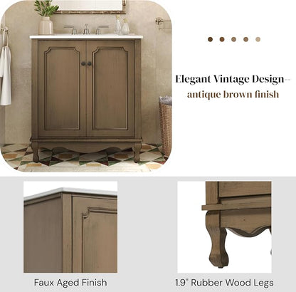 Merax 30" Vintage Bathroom Vanity with Sink, Bathroom Storage Vanity Cabinet with 2 Doors & Rubber Wood Legs & Adjustable Shelves & Antique Handles, Soft-Close Hinges, Antique Brown