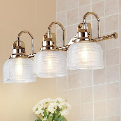 JONATHAN Y 25.25" Brass Gold Modern Bathroom Vanity Light, 3-Light LED Wall Sconce, Clear Glass Bell Shade for Mirror Hallway Kitchen, ETL Listed, LED Bulb Included (JYL7409B)