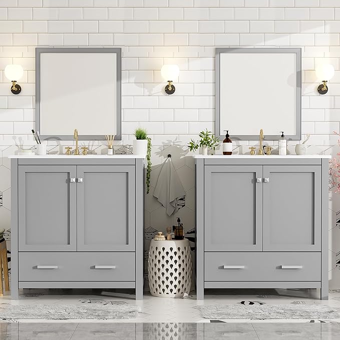 LUMISOL 60" Bathroom Vanity with Double Sink, Solid Wood Bathroom Sink Cabinet with 2 Drawers, Storage Racks & 2 Cabinets, Separate Bathroom Vanities with Double Ceramic Sinks, Grey