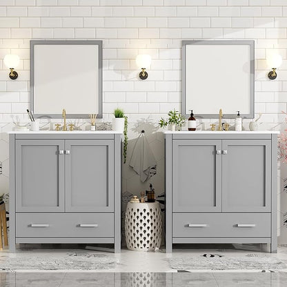 LUMISOL 60" Bathroom Vanity with Double Sink, Solid Wood Bathroom Sink Cabinet with 2 Drawers, Storage Racks & 2 Cabinets, Separate Bathroom Vanities with Double Ceramic Sinks, Grey