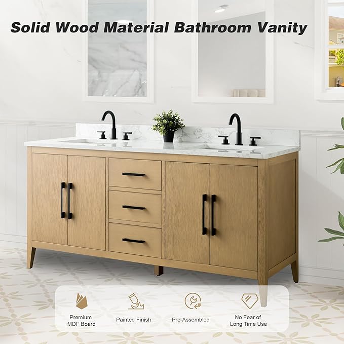 HomeBeyond 72 Inch Bathroom Vanity with Sink & Ceramic Top, Double Vanity Cabinet with Basin, Soft-Closing Doors & Matte Black Hardware, Natural Oak
