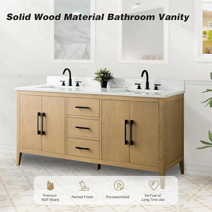 HomeBeyond 72 Inch Bathroom Vanity with Sink & Ceramic Top, Double Vanity Cabinet with Basin, Soft-Closing Doors & Matte Black Hardware, Natural Oak