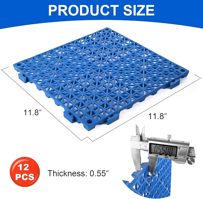 Modular Interlocking Cushion 12 Pack 11.8" x 11.8" Rubber Floor Tiles Non-Slip Splicing Drainage Mats for Deck, Pool, Outdoor Shower, Patio, Balcony, Indoor Bathroom, Kitchen, Yard (Blue)