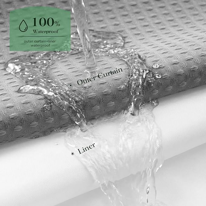 Grey Hook Free Waffle Shower Curtain & Snap-in Fabric Liner,54x81 | Less Time to install, 3 in 1 Fabric Shower Curtain and Liner Set with Magnets, Stall, Long, Shower Curtains for Bathroom