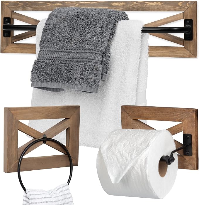 Ilyapa Towel Bar, TP Holder & Towel Ring Set, Barnwood Wood, Black Metal | Bar Accents, Wall Mounted Design, Farmhouse Bathroom Décor, Includes Mounting Hardware