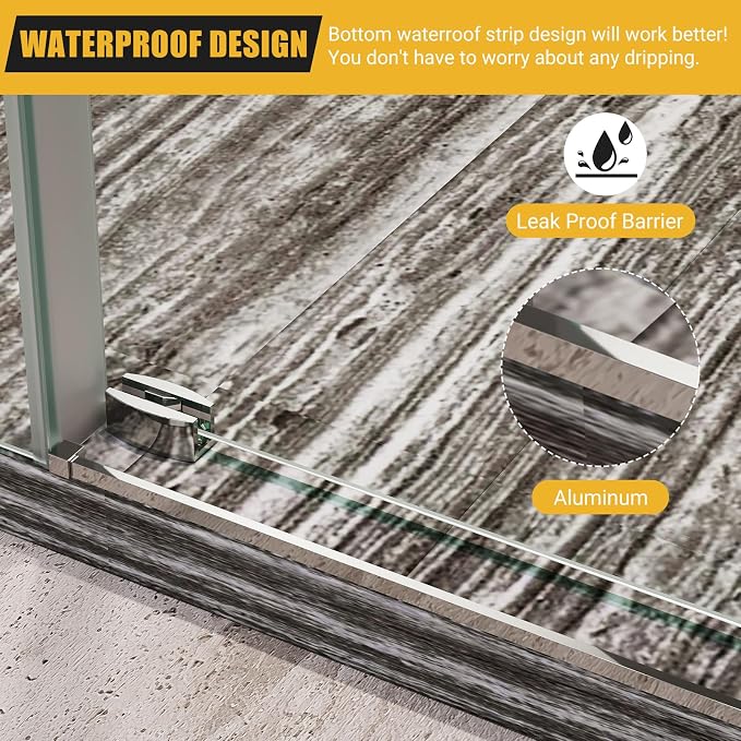 Shower Glass Door with Waterroof Seal Strip (56-60" W x 75 "H), Frameless Shower Sliding Door with Clear SGCC Tempered Glass 5/16" (8mm), Stainless Steel Hardware, Silver