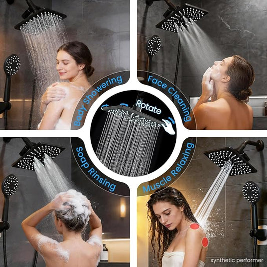 Veken Multi-Function Rain Shower Head with Handheld, High Pressure, Square | Rainfall Showerhead, Dual shower heads Combo, 5-mode Detachable Hand Held Spray with Hose, regaderas para shower, Matte Black