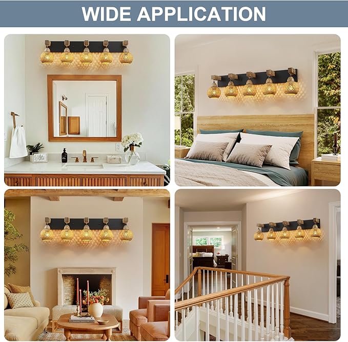 5-Light Boho Vanity Light, Farmhouse Bathroom Light Fixture, Rattan Bathroom Light Fixture Over Mirror Rustic Vanity Lighting with Handmade Bamboo Shades, Suit for Restroom, Bedroom, Hallway