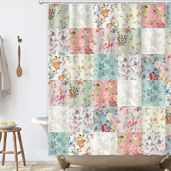 Boho Shower Curtain Patchwork Floral, Vintage Flowers Shower Curtain for Bathroom, Retro Shabby Chic Cottagecore Floral Shower Curtains Polyester Waterproof Farmhouse Decor Bath Curtains