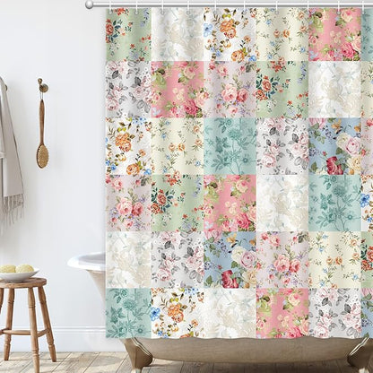 Boho Shower Curtain Patchwork Floral, Vintage Flowers Shower Curtain for Bathroom, Retro Shabby Chic Cottagecore Floral Shower Curtains Polyester Waterproof Farmhouse Decor Bath Curtains