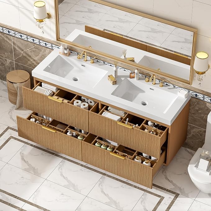 60 in Floating Bathroom Vanity with Double Sink Bathroom Vanity with Soft-Closing,Modern Fluted Bathroom Sink Cabinet,Wall-Mounted (Wood w/4 Drawers,59.3 Inch)