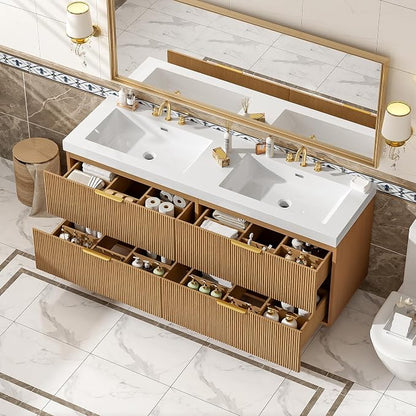 60 in Floating Bathroom Vanity with Double Sink Bathroom Vanity with Soft-Closing,Modern Fluted Bathroom Sink Cabinet,Wall-Mounted (Wood w/4 Drawers,59.3 Inch)