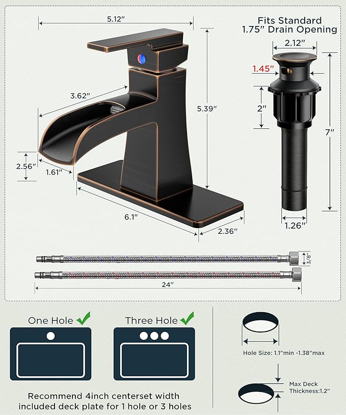 FORIOUS Waterfall Bathroom Sink Faucets 1 or 3 Holes Oil Rubbed Bronze, Single Handle Faucet for Bathroom Sink Vanity Restroom Farmhouse