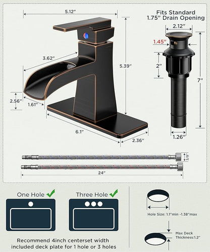 FORIOUS Waterfall Bathroom Sink Faucets 1 or 3 Holes Oil Rubbed Bronze, Single Handle Faucet for Bathroom Sink Vanity Restroom Farmhouse