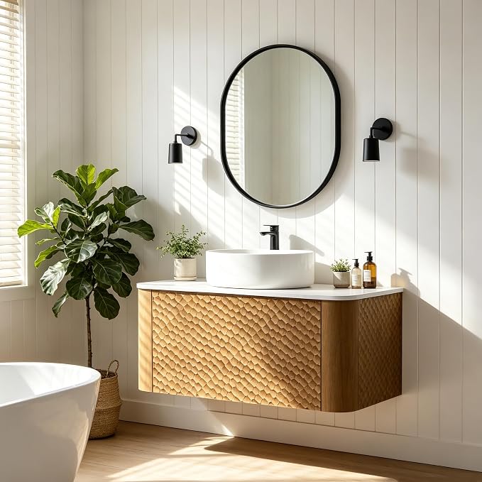 30 Inch Modern Bathroom Vanity with Ceramic Sink, Floating Bathroom Vanity Cabinet with Sintered Stone Top&Solid Wood Hammered Frame, Single Sink Bathroom Vanities w/Soft-Close Drawers,Natural
