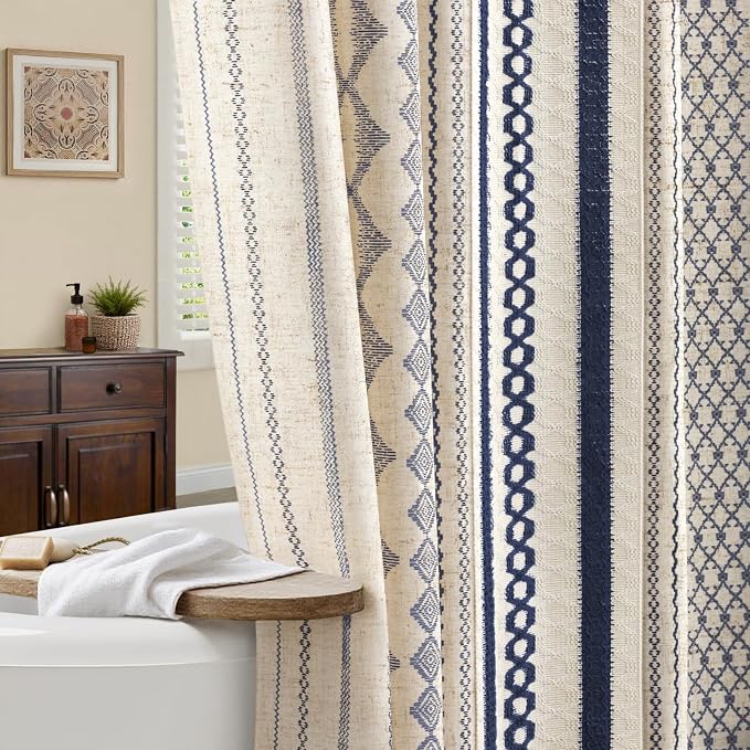 Navy Blue Boho Linen Shower Curtain,72" W x 84" L | Linen Striped Print and Twine-Inspired Woven Center for Bathroom