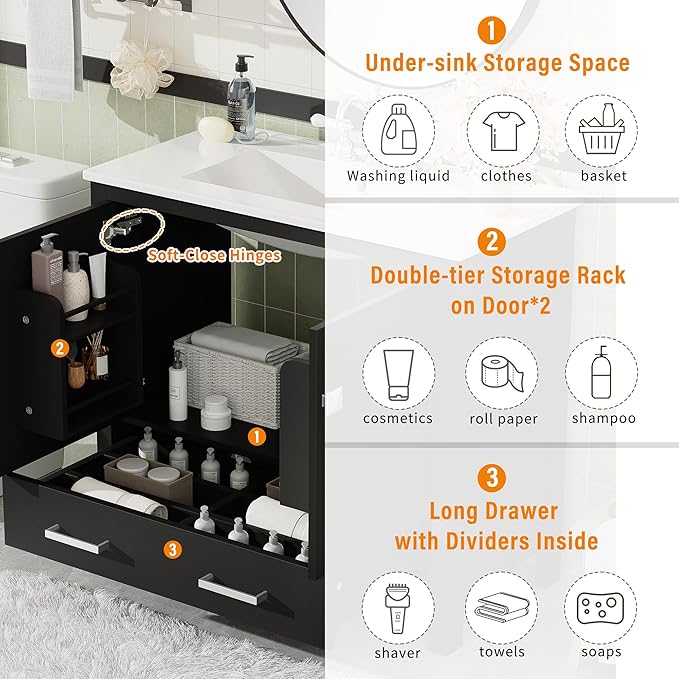 72" Black Bathroom Vanity with Double Sink, 72 Inch Bathroom Vanity Set with Double Vanities (Separate), 2 Bathroom Vanities with Sink, Storage Shelf, and Divided Drawers (Mirror not included)