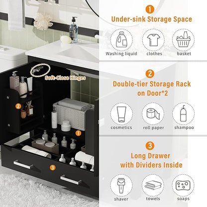 72" Black Bathroom Vanity with Double Sink, 72 Inch Bathroom Vanity Set with Double Vanities (Separate), 2 Bathroom Vanities with Sink, Storage Shelf, and Divided Drawers (Mirror not included)