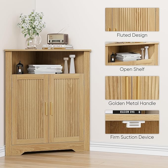 Smuxee Bathroom Corner Cabinet, Floor Corner Storage Cabinet with Fluted Door and Adjustable Shelf, Wooden Narrow Cabinet Organizer for Bathroom, Kitchen, Living Room