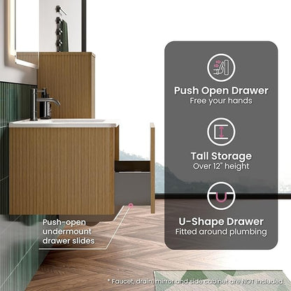 30 Inch Bathroom Vanity with Sink, Modern Floating Vanity with Push Open Drawer, Large Storage for Small Space, Apartment, Hotel, Natural Oak, Fully Assembled - Camellia Collection