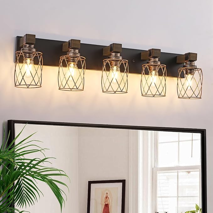 5-Light Black Gold Farmhouse Vanity Light, Wood & Metal Cage Shade | Mounted Over Mirror, Industrial Rustic Style, Ideal for Bathroom, Bedroom, Hallway & Living Room, Easy To Install