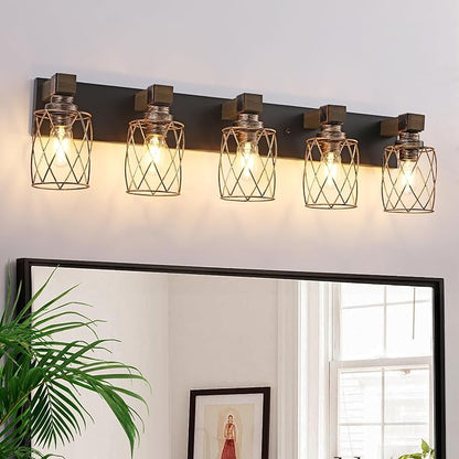 5-Light Black Gold Farmhouse Vanity Light, Wood & Metal Cage Shade | Mounted Over Mirror, Industrial Rustic Style, Ideal for Bathroom, Bedroom, Hallway & Living Room, Easy To Install