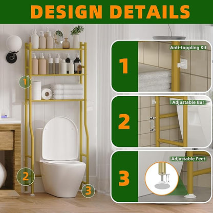3-Tier Over Toilet Storage with Anti-Tilt Safety System - 150lb Total Capacity Metal Bathroom Shelves Including Paper Holder & 4 Hooks, Space Saving Above Commode Organizer (64" H, Gold)