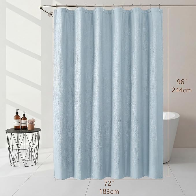 Extra Long Shower Curtain 96 Inch Long 1 Piece, Waffle Embossed Textured Fabric Shower Curtain for Bathroom Large Hotel, Water Resistant, Machine Washable, Glacier Blue, 72Wx96L Inches