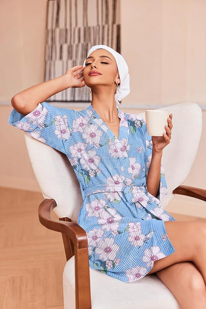 Ekouaer Robes for Women Waffle Knit Bathrobe Soft Lightweight Knee Length Loungewear S-XXL