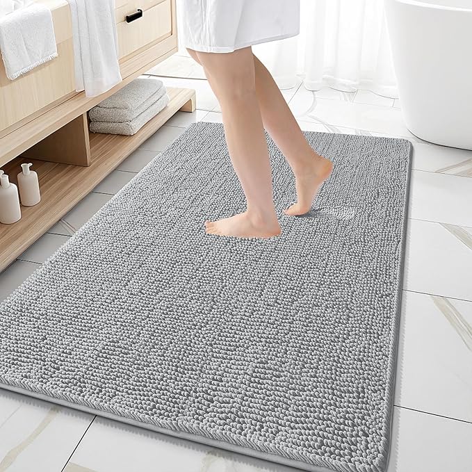 OLANLY Large Bathroom Rugs 59x35, Extra Soft Absorbent Chenille Bath Rugs | Light Grey, Quick-Drying Rubber Backing, Machine Washable Bath Mat for Bathroom Floor, Tub and Shower, Home Decor Accessories