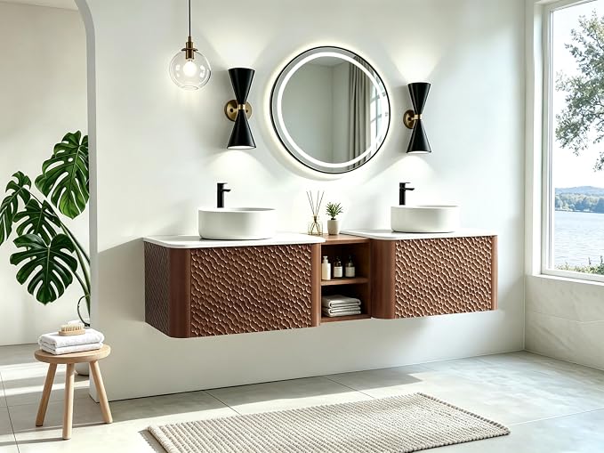 72 Inch Double Vanity with Sink Set, Floating Bathroom Sink Cabinet with Sintered Stone Top&Solid Wood Hammered Frame, Double Bathroom Vanities w/Soft-Close Drawers&1 Side Open Cube