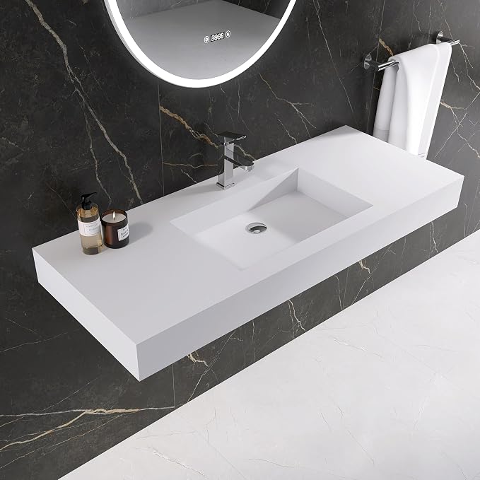 47" Wall Mount Sink, Artificial Stone Bathroom Sink, Single Hole | Matte Bathroom Vanity Vessel Sinks Rectanglee Indoor Modern Floating or Countertop Freestanding Wall Hang Sink Bowl