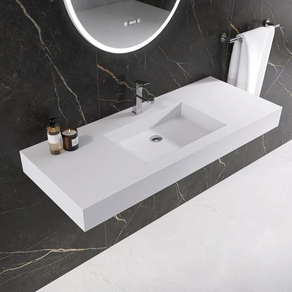 47" Wall Mount Sink, Artificial Stone Bathroom Sink, Single Hole | Matte Bathroom Vanity Vessel Sinks Rectanglee Indoor Modern Floating or Countertop Freestanding Wall Hang Sink Bowl