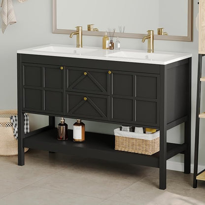 Bathroom Vanity with Double Sink Set, 48 Inch Pedestal Sink Storage Cabinet with 2 Drawers & 2 Doors, Mid-Century Modern Bathroom Vanity with Open Bottom Shelf, Black