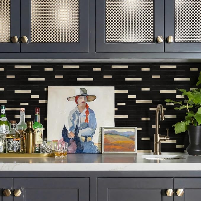STICKGOO Peel and Stick Backsplash Tile, Stick on Backsplash for Kitchen and Bathroom, Black Mixed Gold Metal Composite Self Adhesive Wall Tiles(10 Sheets)