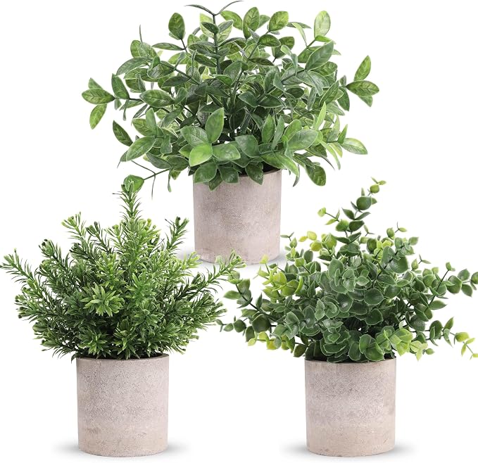 Der Rose 3 Pack Fake Plants Mini Faux Plants for Shelf Classroom Decor | Green eucalyptus, eco-friendly paper pulp pot, adjustable stems, pet child safe, office desk kitchen bathroom decor