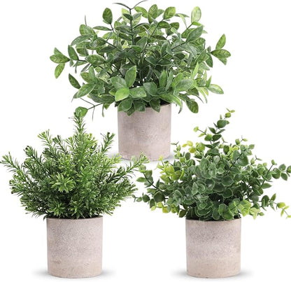 Der Rose 3 Pack Fake Plants Mini Faux Plants for Shelf Classroom Decor | Green eucalyptus, eco-friendly paper pulp pot, adjustable stems, pet child safe, office desk kitchen bathroom decor