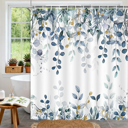 Long Eucalyptus Shower Curtain 72X78 Inch, Blue Watercolor Plants Leaves Floral Tall Bathroom Curtains, Botanical Foliage Waterproof Fabric Cloth Shower Curtain Set with Hooks