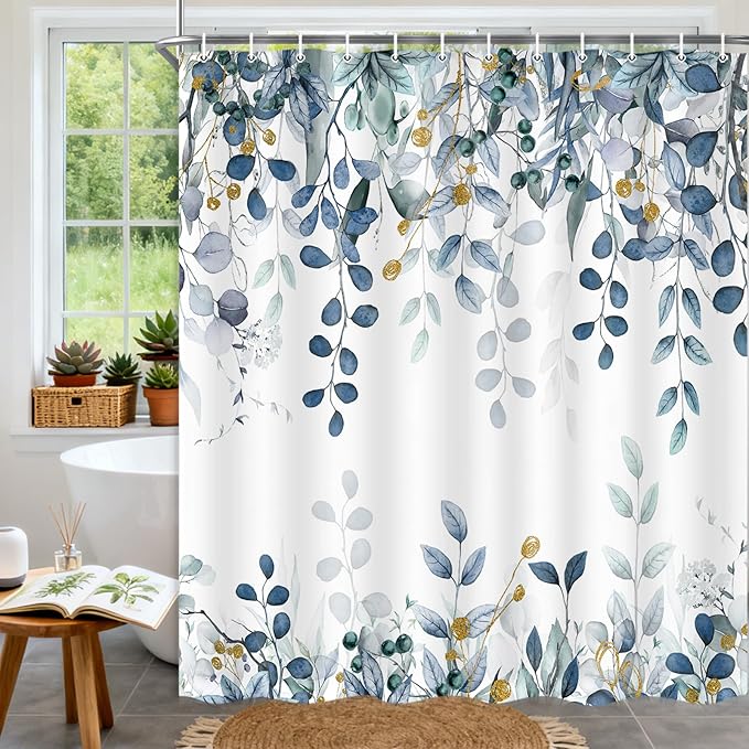 Blue Eucalyptus Shower Curtain, Watercolor Plants Foliage Floral Bathroom Curtains, Cottagecore Botanical Leaves Waterproof Fabric Cloth Shower Curtain Set with Hooks 72X75 Inch