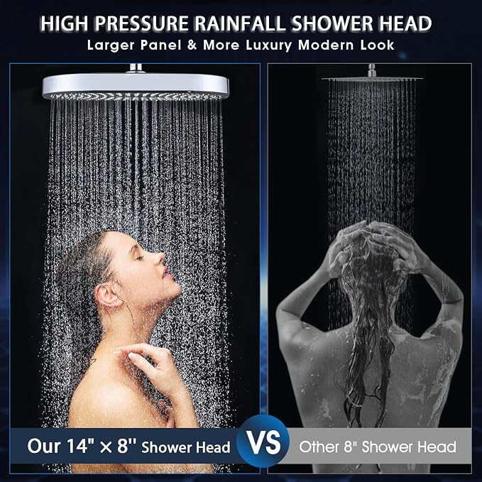 PDPBath 14 Inch Rain Shower Head with 5+1 Settings Handheld Spray Combo, High Pressure Rainfall Shower Head with 16'' Upgrade Adjustable Extension Arm, 79" Extra Long Hose, 3-Way Diverter, Chrome