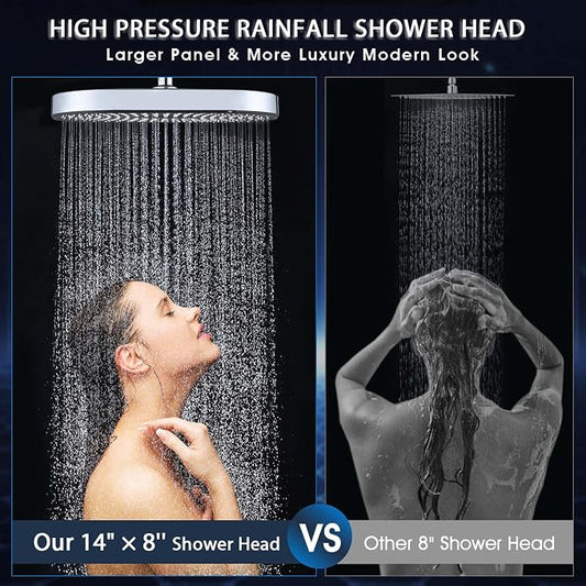 PDPBath 14 Inch Rain Shower Head with 5+1 Settings Handheld Spray Combo, High Pressure Rainfall Shower Head with 16'' Upgrade Adjustable Extension Arm, 79" Extra Long Hose, 3-Way Diverter, Chrome