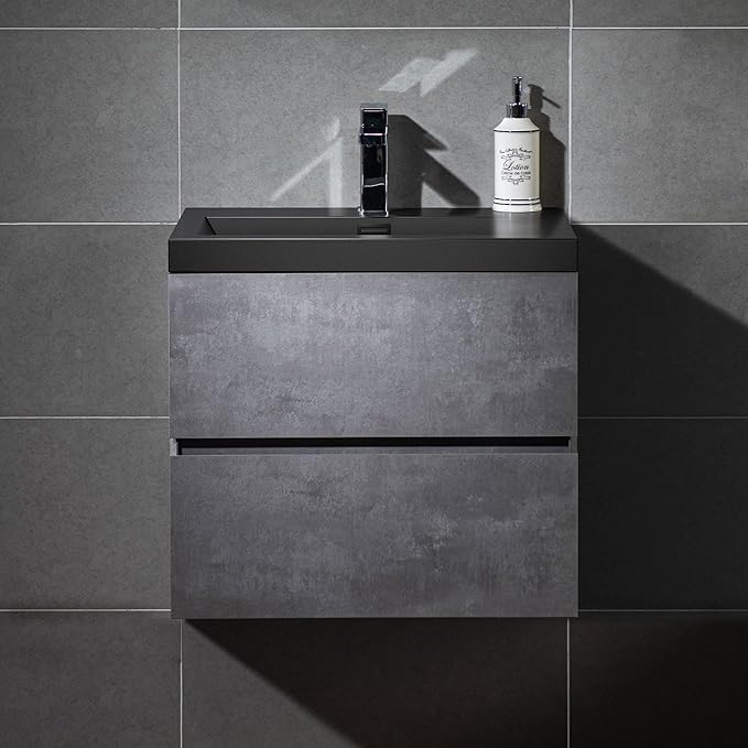 WOODBRIDGE 24 in. W x 19 in. D Wall Mounted Floating Bathroom Vanity in Gray with Quartz Sand Composite Vanity Top in Matte Black