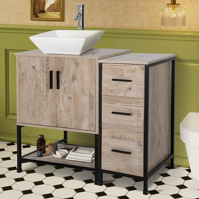 UEV 36" Bathroom Vanity, Oak Color Bathroom Vanity Set with Sink and 3 Drawers Side Cabinet Combo, with Adjustable Water Temperature Faucet (A07)