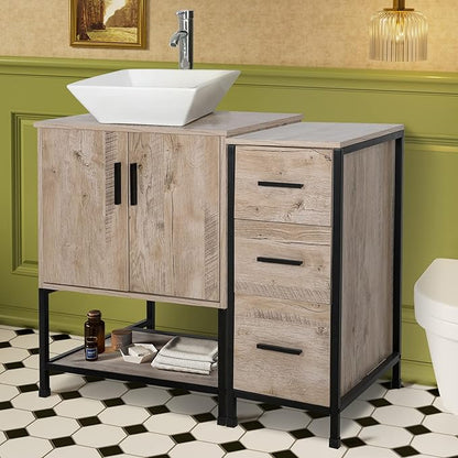 UEV 36" Bathroom Vanity, Oak Color Bathroom Vanity Set with Sink and 3 Drawers Side Cabinet Combo, with Adjustable Water Temperature Faucet (A07)