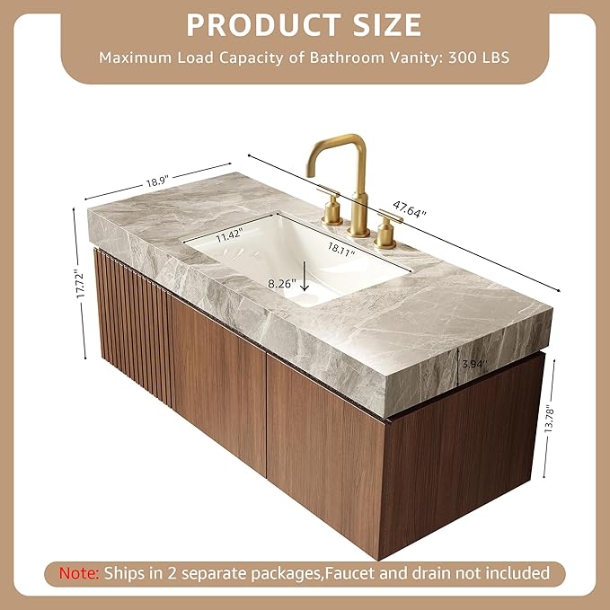 48” Floating Bathroom Vanity with Sink, Wall-Mounted Cabinet with Drawer & Doors, Gray Travertine-Pattern Sintered Stone Top, Undermount Basin, 3 Faucet Hole, Soft-Close, Pre-Assembled, Brown Oak