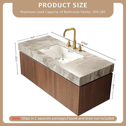 48” Floating Bathroom Vanity with Sink, Wall-Mounted Cabinet with Drawer & Doors, Gray Travertine-Pattern Sintered Stone Top, Undermount Basin, 3 Faucet Hole, Soft-Close, Pre-Assembled, Brown Oak