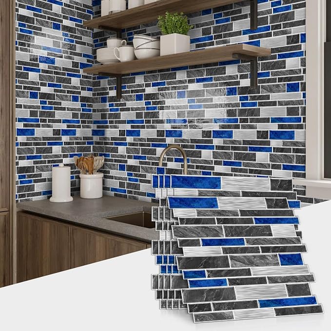 Alwayspon 10 Sheets 12" x12inch Blue Marble Effect Vinyl Tiles, Backsplash, Self-Adhesive Peel and Stick Wall Tile Stickers, Stick on Subway Tiles for Kitchen Bathroom Wall Decor